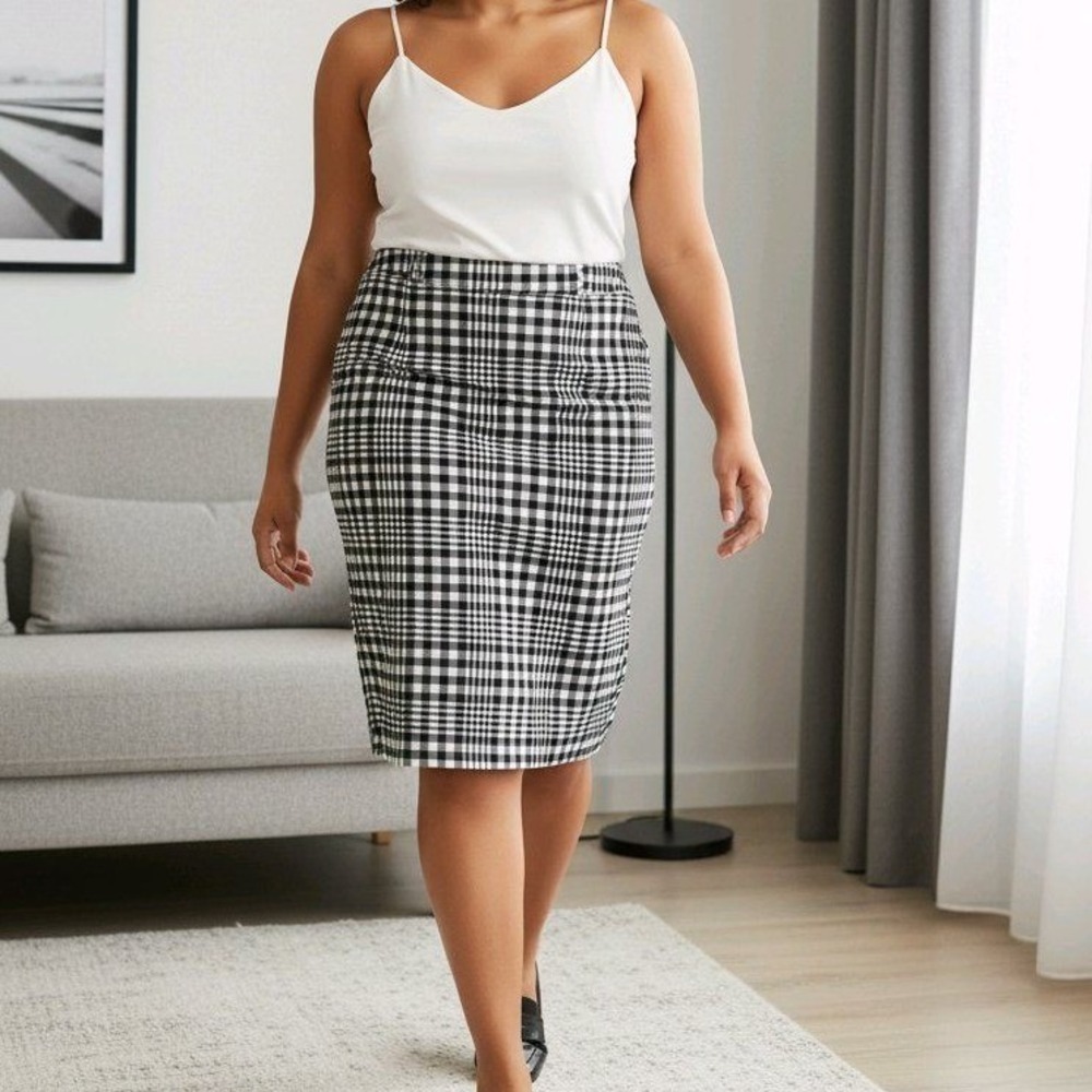 EST. 1946 Womens Black White Plaid Belted Pencil Skirt 16‎ Stretch Office